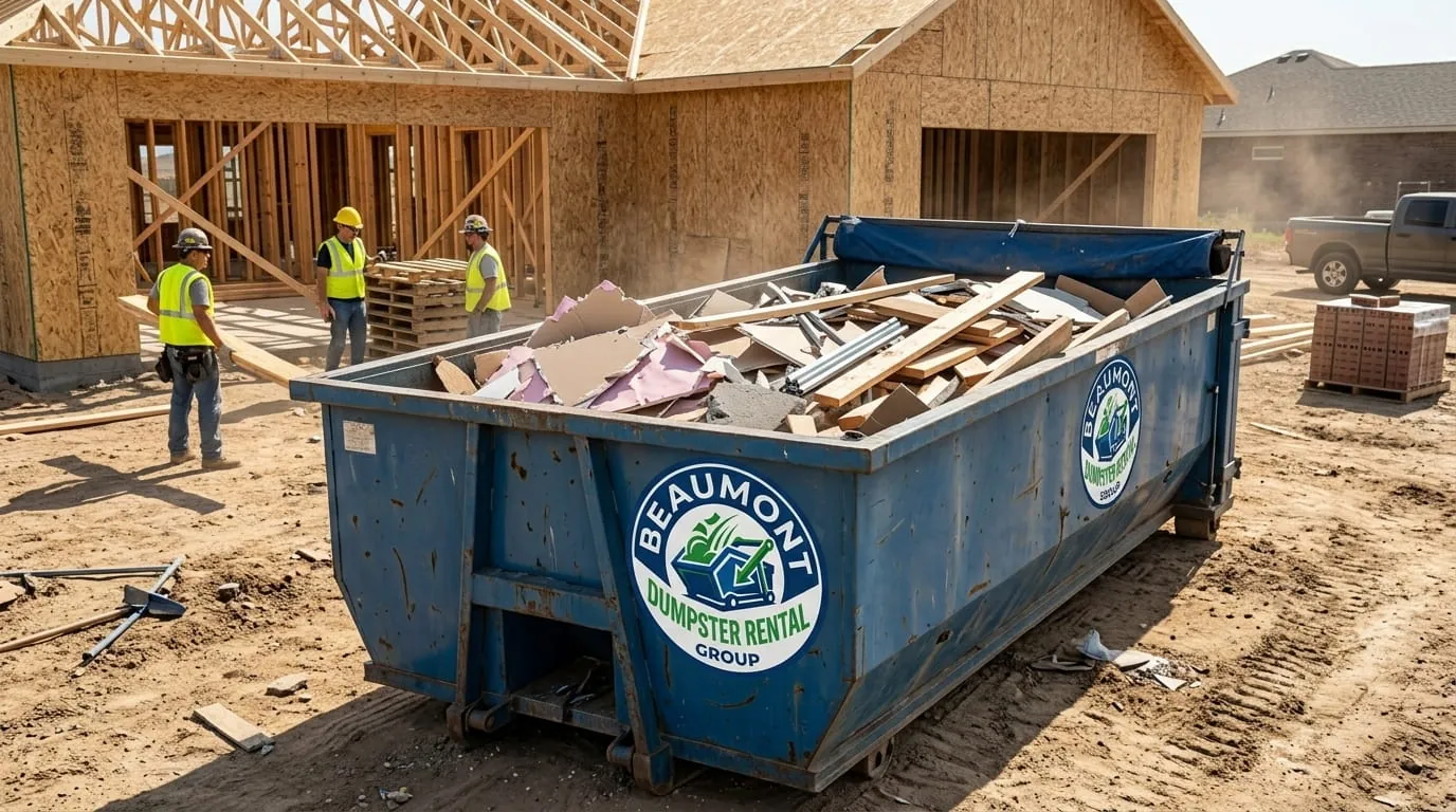 Roll-off container collecting debris at a house under construction in Beaumont, Texas Roll-off container collecting debris at a house under construction in Beaumont, Texas